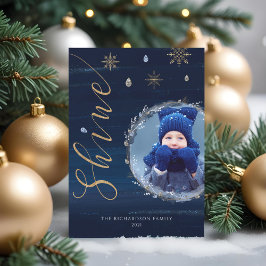 Elegant Navy Waterverf Inkt & juwelen Foto Wreath Feestdagenkaart