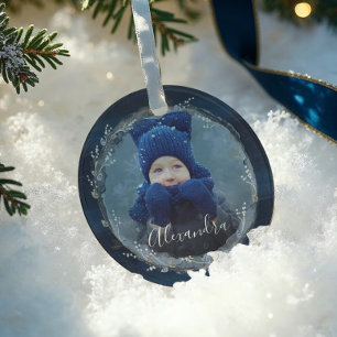 Elegant Navy Waterverf Inkt & juwelen Foto Wreath Glas Ornament