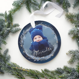 Elegant Navy Waterverf Inkt & juwelen Foto Wreath Ornament