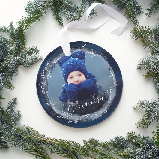 Elegant Navy Waterverf Inkt & juwelen Foto Wreath Ornament