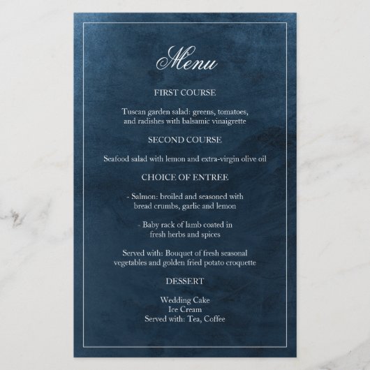 Elegant Navy Waterverf Monogram Weddenschap Menu (Voorkant)