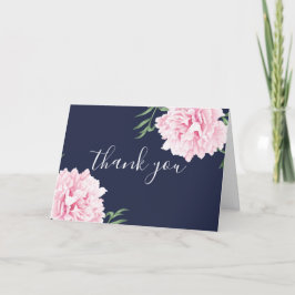 Elegant Navy Waterverf Pink Peony Bedankkaart