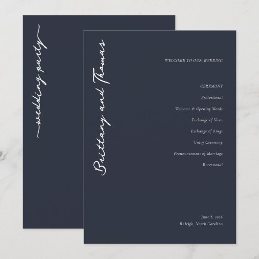 Elegant Navy Wedding Ceremony Program Programmakaart (Voorkant / Achterkant)