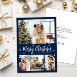 Elegant Navy White 4 Photo Collage Kerstmis Feestdagenkaart<br><div class="desc">Elegant, Modern Navy and White 4 Foto Collage Merry kerstscript Holiday Kaart. Deze feestelijke, magische, minimalistische sjabloon met vier fotovakantiekaarten is voorzien van een fotocollage, een sneeuwvlok en zegt prettig kerstfeest! De tekst van de groet "Kerst van de Zure" wordt geschreven in een prachtige witte kleur met de hand geschreven...</div>