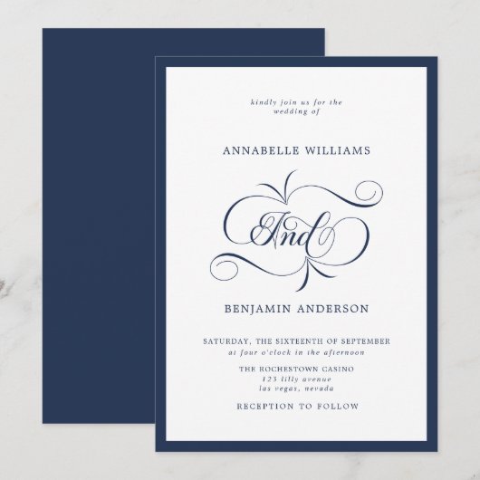 Elegant Navy & White Classic Wedding Kaart (Voorkant / Achterkant)