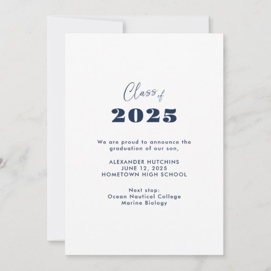 Elegant Navy White Foto Lijst 2025 Afstuderen Aankondiging (Achterkant)