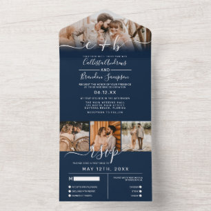 Elegant Navy White Photo Monogram Weddenschap RSVP All In One Uitnodiging