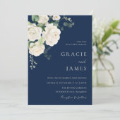 Elegant Navy & White Roses All Seasons Wedding Kaart (Staand voorkant)