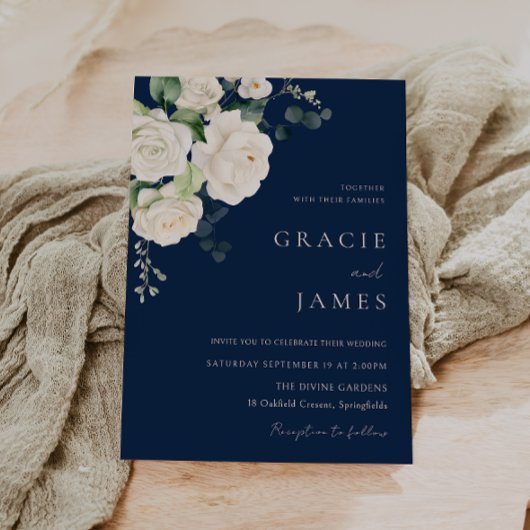 Elegant Navy & White Roses All Seasons Wedding Kaart
