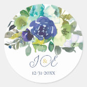 Elegant Navy White Roses Bruids Monogram Initialen Ronde Sticker (Voorkant)