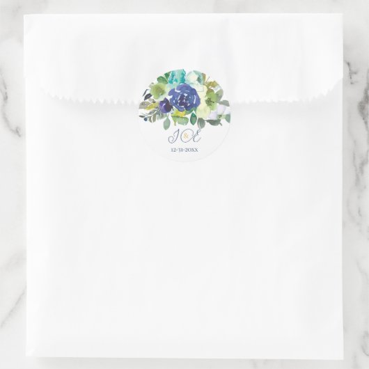 Elegant Navy White Roses Bruids Monogram Initialen Ronde Sticker (Tas)