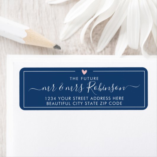 Elegant Navy White Script Wedding Return Address Etiket (Insitu)
