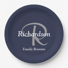Elegant Navy White Silver Monogram Family Reunion Papieren Bordje
