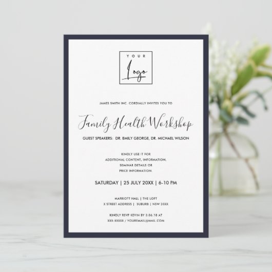 ELEGANT NAVY WHITE UW LOGO WORKSHOP EVENEMENTENDIN KAART (Staand voorkant)