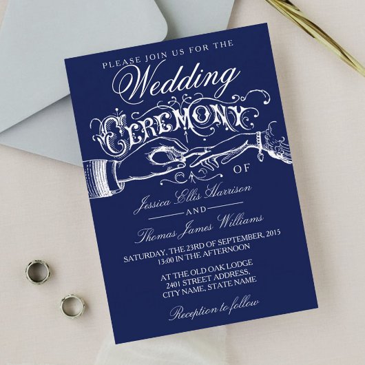 Elegant Navy & White Wedding Ceremony Invitations Kaart