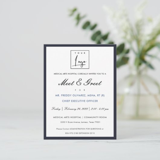 Elegant Navy White Your Logo Workshop Event Dinner Briefkaart (Staand voorkant)