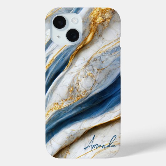 Elegant Navy Wit Gouden Aders Marmer Monogram Case-Mate iPhone Case (Achterkant)