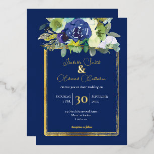 Elegant Navy Wit Waterverf Roos Bloemen Boeketten Folie Uitnodiging