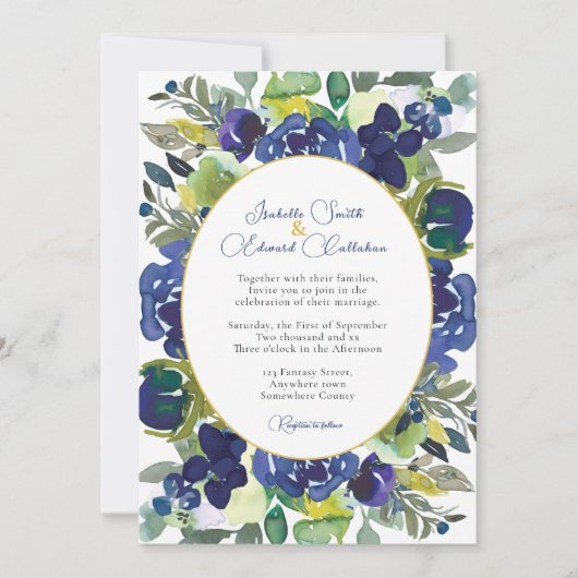 Elegant Navy Wit Waterverf Roos Bloemenbruiloft Kaart (Voorkant)