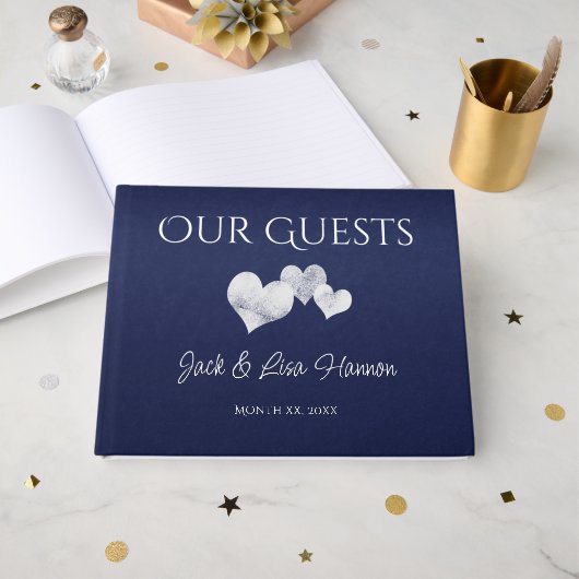 Elegant Navy With Hearts Guest Book Gastenboek (Voorkant open)