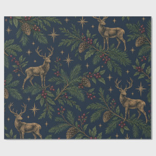 Elegant Navy Woodland Herten Kerst Inpakpapier