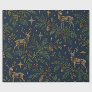 Elegant Navy Woodland Herten Kerst Inpakpapier