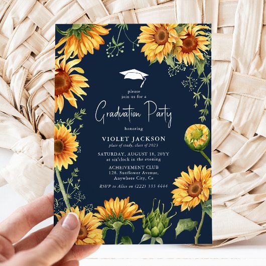 Elegant Navy & Yellow Sunflower Afstuderen Kaart