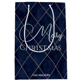 Elegant Navyblauw Argyll Patroon Prettig Kerstfees Medium Cadeauzakje