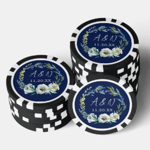 Elegant Navyblauw Bloemendroom Bruiloftsmonogram Poker Chips