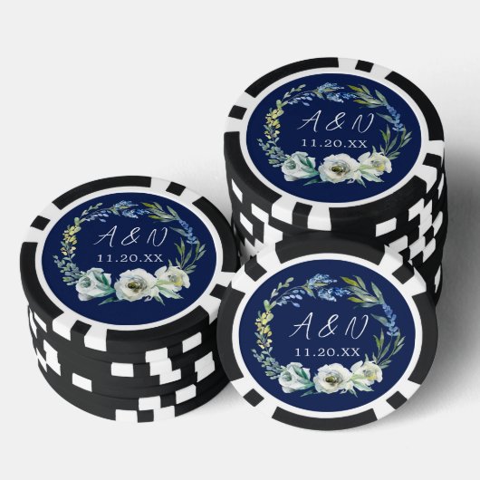 Elegant Navyblauw Bloemendroom Bruiloftsmonogram Poker Chips (Opstapeling)