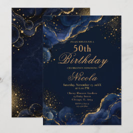 Elegant Navyblauw en Goud Alcoholinkt Kaart