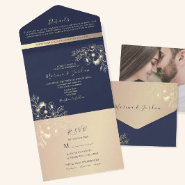 Elegant Navyblauw en Gouden Bloem Huwelijk All In One Uitnodiging