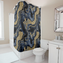 Elegant Navyblauw en Gouden Glitter Agate Patroon Douchegordijn