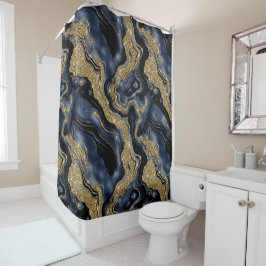 Elegant Navyblauw en Gouden Glitter Agate Patroon Douchegordijn