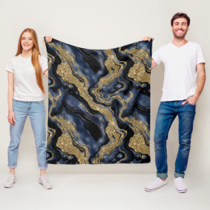 Elegant Navyblauw en Gouden Glitter Agate Patroon Fleece Deken