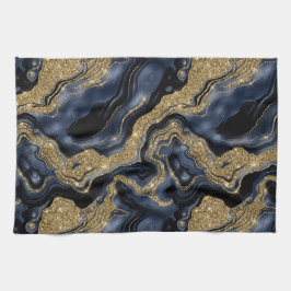 Elegant Navyblauw en Gouden Glitter Agate Patroon Theedoek
