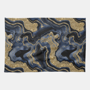 Elegant Navyblauw en Gouden Glitter Agate Patroon Theedoek