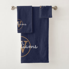 Elegant Navyblauw en Gouden Monogram Bad Handdoek
