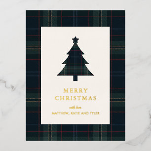 Elegant Navyblauw en Groen Geruit Kerstmis Folie Feestdagen Briefkaart