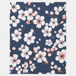 Elegant Navyblauw en Roze Kersenbloesem Patroon Fleece Deken