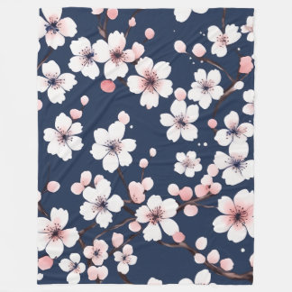 Elegant Navyblauw en Roze Kersenbloesem Patroon Fleece Deken