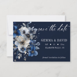 Elegant Navyblauw en Zilveren Bloemen Bruiloft Save The Date