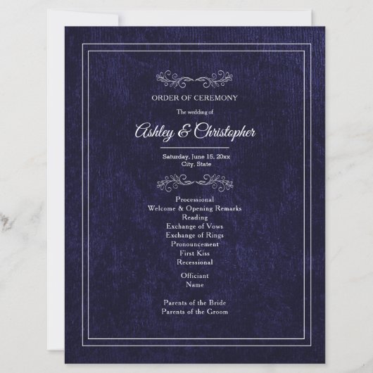 Elegant Navyblauw Fluwelen Witte Huwelijksprogramm (Voorkant)