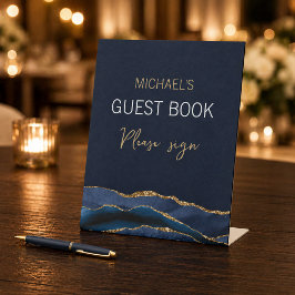 Elegant Navyblauw Goud Agate Heren Guestbook Pedes Reclamebord Met Voetstuk