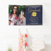 Elegant Navyblauw Goud Glitter Foto Afstudeer Spandoek (Insitu)