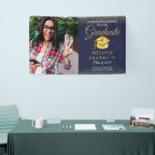 Elegant Navyblauw Goud Glitter Foto Afstudeer Spandoek (Beurs)