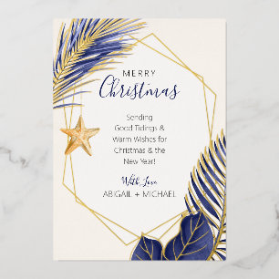 Elegant Navyblauw & Goud Strand Tropisch Kerstfees Folie Feestdagenkaart