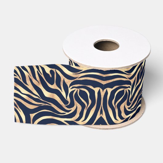 Elegant Navyblauw Goud Zebraprint Grosgrain Lint (Spoel)