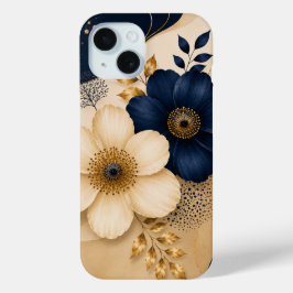 Elegant Navyblauw & Gouden Bloemmotief iPhone 15 Case