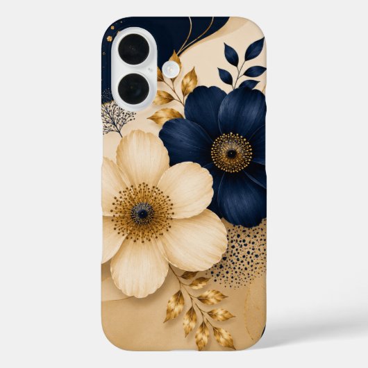 Elegant Navyblauw & Gouden Bloemmotief Case-Mate iPhone Case (Achterkant)